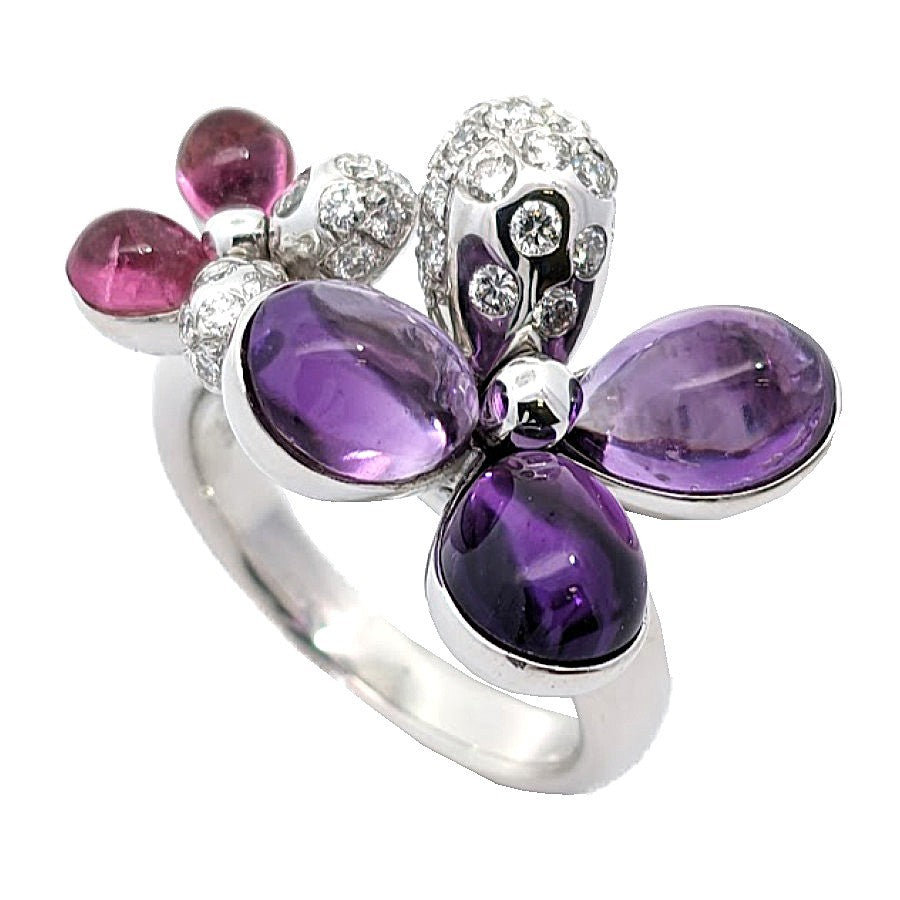 K18WG<br />アメジスト×ピンクトルマリン×ダイヤモンド フラワーリング